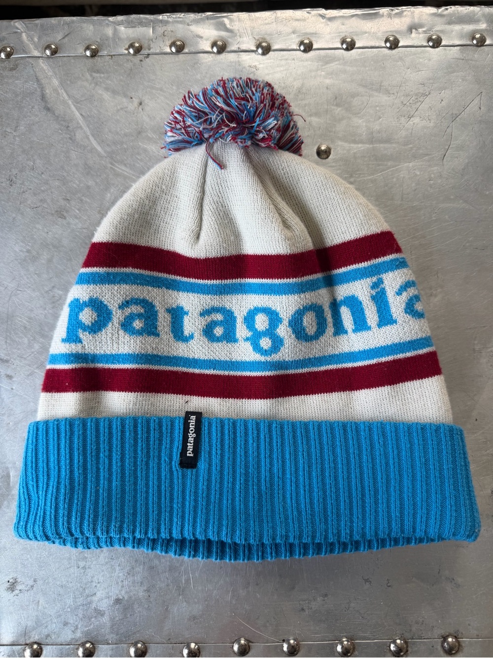 Patagonia Pom Beanie in Cream, Blue & Maroon